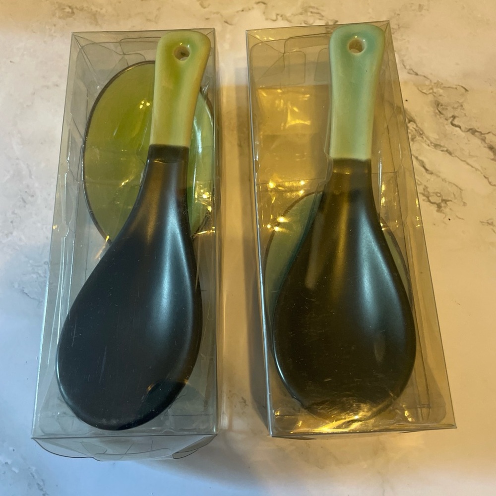 Set Of 2 Retro Spoon & Spoon Rest Crackle Finish Blue & Green NIB